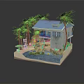 Cartoon Scene Featuring Blue Roofed Cottage Palm Trees Small Boat And Sand On Beach
