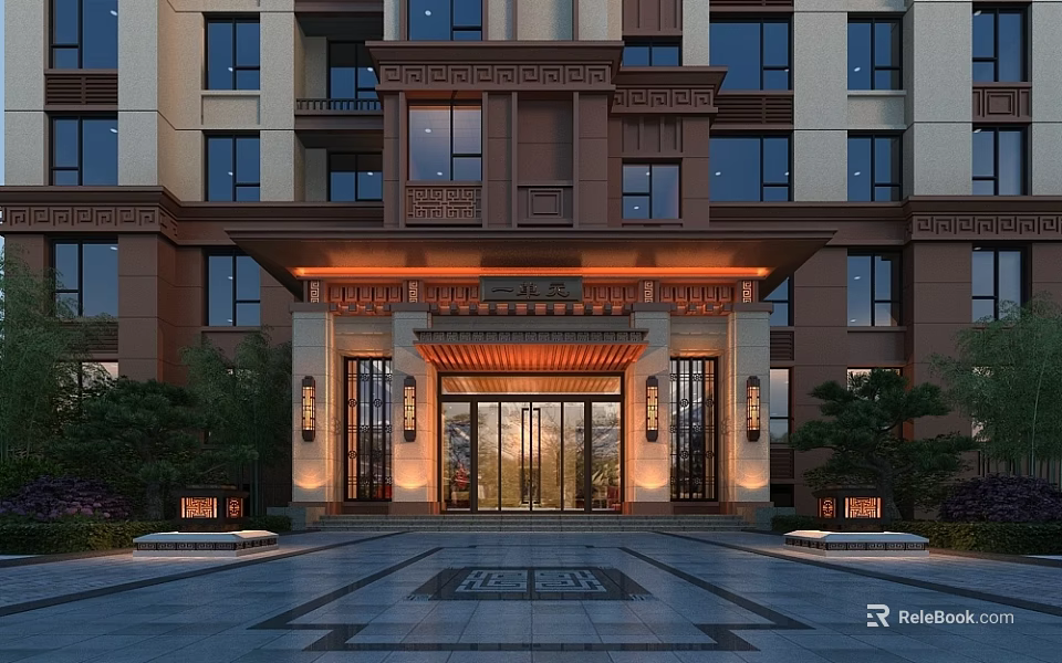 Luxury Modern Chinese Architectural Entrance Gate With Warm Lighting And Decorative Glass Doors 3d model 