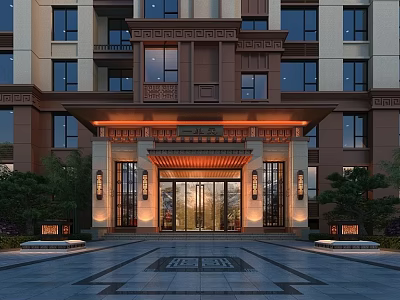 Luxury Modern Chinese Architectural Entrance Gate With Warm Lighting And Decorative Glass Doors 3d model