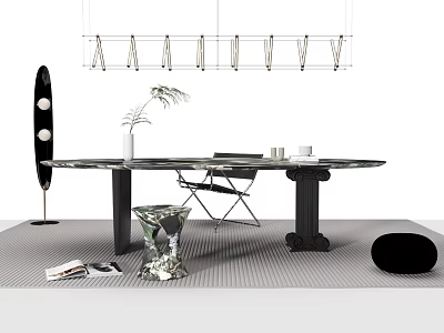 Elegant Modern Dining Table Set With Marble Top Black Legs Chairs And Pendant Lights 3d model