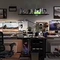 Modern Entertainment Room Interior With Dual Monitors Gaming Chair Desk Wall Art Shelves And Lighting