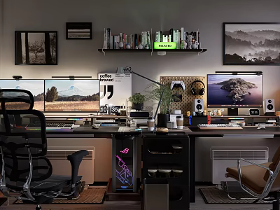 Modern Entertainment Room Interior With Dual Monitors Gaming Chair Desk Wall Art Shelves And Lighting 3d model