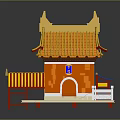 Traditional Chinese Architecture With Yellow Tiled Roof And Orange Walls Curved Eaves Arched Doorway