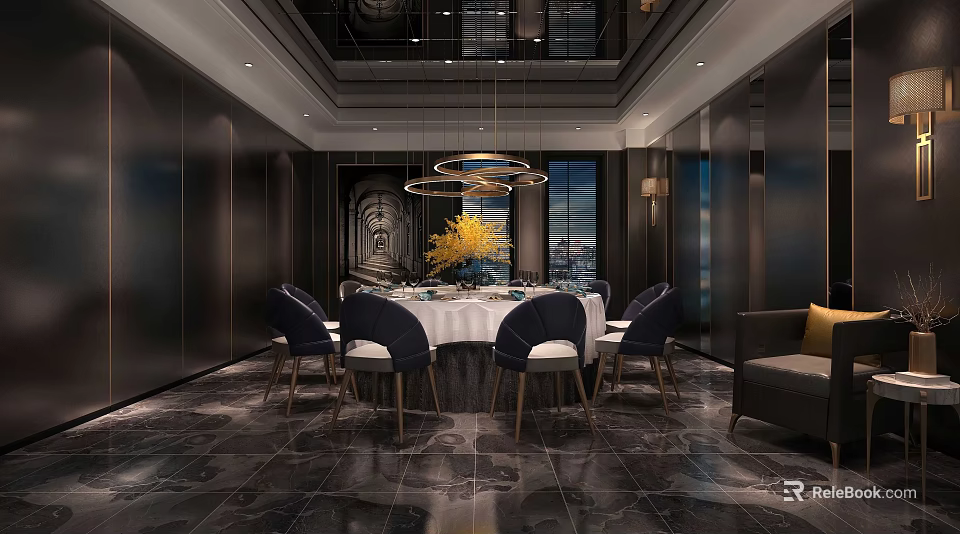 Elegant Private Dining Room Interior With Round Table Chandelier And Comfortable Chairs 3d model