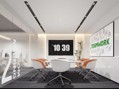 Modern Conference Room With White Table White And Orange Chairs Teamwork Whiteboard And Ceiling Lights 3d model