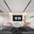 Modern Conference Room With White Table White And Orange Chairs Teamwork Whiteboard And Ceiling Lights