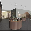 Modern Elegant Specialty Store Interior With Wooden Display Shelves And Round Display Counters