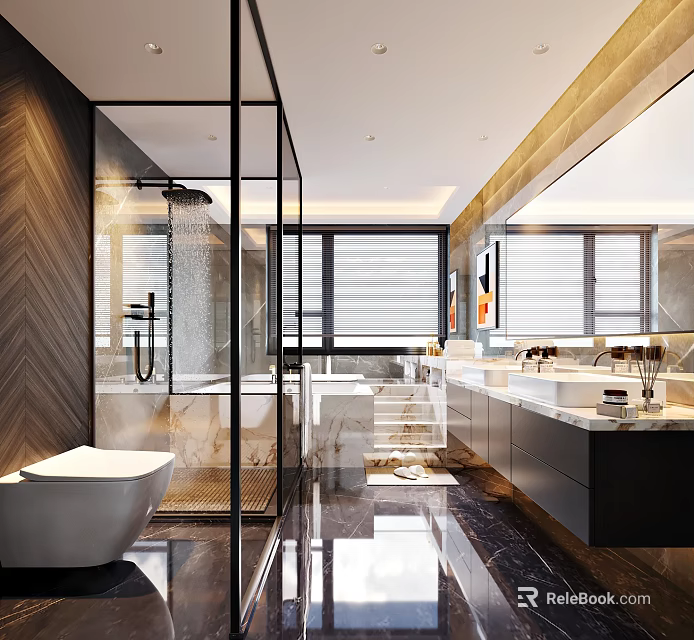Modern Bathroom Interior With Glass Shower Double Vanities And Large Mirror 3d model 