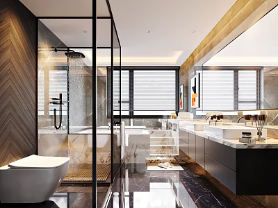 Modern Bathroom Interior With Glass Shower Double Vanities And Large Mirror 3d model