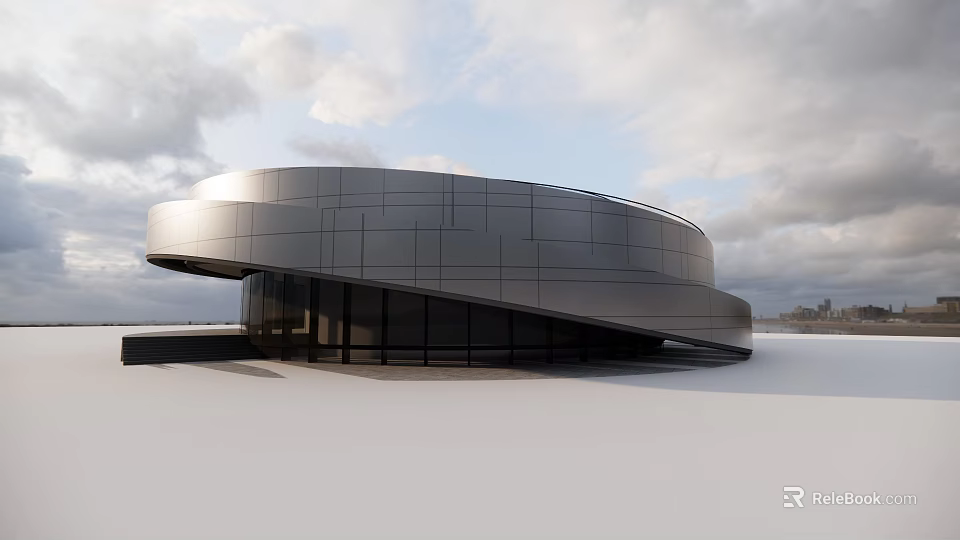 Modern Curved Museum Building With Metal Facade And Large Glass Windows Against Open Sky Background 3d model 