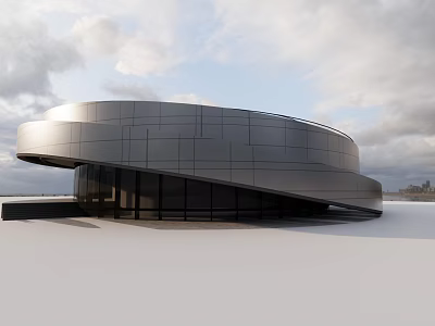 Modern Curved Museum Building With Metal Facade And Large Glass Windows Against Open Sky Background 3d model