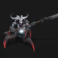 Game Movie Character Horned Warrior With Giant Decorated Spear Armored Body And Red Clawed Feet