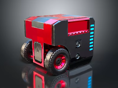Red And Black Box Shaped Robot With Wheels And Blue Mechanical Accents 3d model