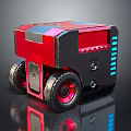 Red And Black Box Shaped Robot With Wheels And Blue Mechanical Accents