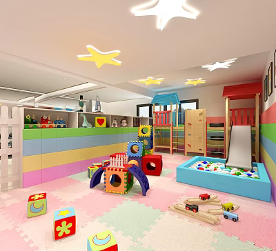 Cheerful Kindergarten Play Area With Star Shaped Lights Slide Ball Pool And Colorful Toys 3d model