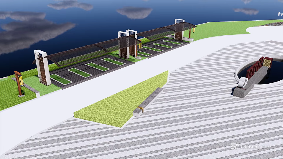 Outdoor Parking Area With Green Lawn Canopies Striped Ground And Bench 3d model 