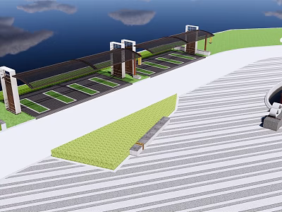 Outdoor Parking Area With Green Lawn Canopies Striped Ground And Bench 3d model