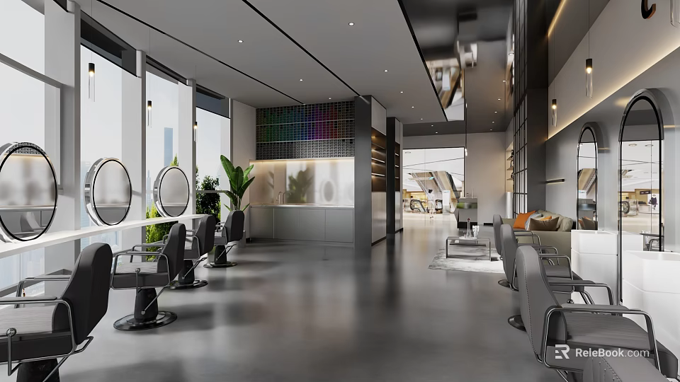 Modern Beauty Hair Salon Interior With Styling Chairs Mirrors Green Plants And Colorful Wall 3d model 