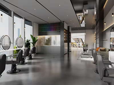 Modern Beauty Hair Salon Interior With Styling Chairs Mirrors Green Plants And Colorful Wall 3d model