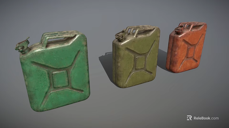 Three Vintage Jerry Cans In Green And Red Colors On Gray Background 3d model 