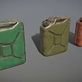 Three Vintage Jerry Cans In Green And Red Colors On Gray Background