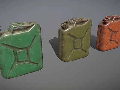 Three Vintage Jerry Cans In Green And Red Colors On Gray Background 3d model