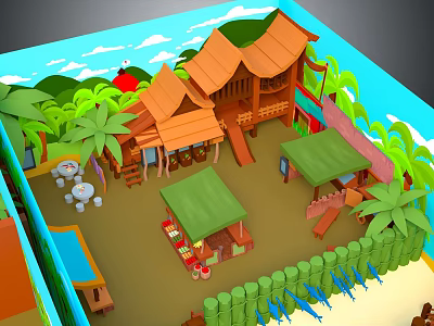 Tropical Wooden Buildings With Palm Trees Green Roofs Terrace And Open Pavilions In Lush Setting 3d model