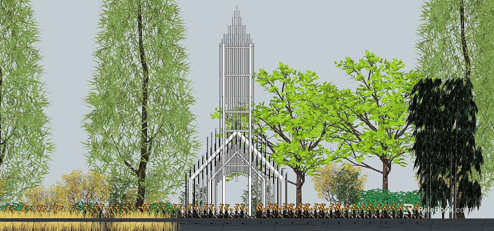 Ancient Architecture With Spire Design Surrounded by Green Trees and Natural Scenery 3d model 