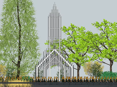 Ancient Architecture With Spire Design Surrounded by Green Trees and Natural Scenery 3d model