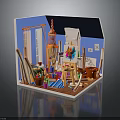 Art Studio Interior With Easel Paint Brushes Plants Birdcage And Window Curtains