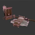 Rustic Wooden Furniture Scene With Cabinet Green Plant Bed Coffee Table Trunk And Rug