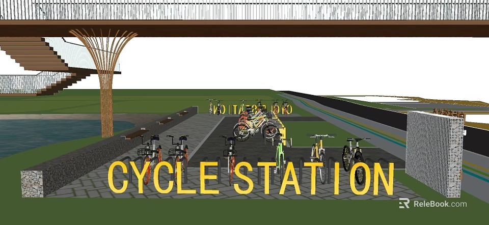 Modern Roadside Cycle Station With Bicycle Parking And Shelter Facilities 3d model 