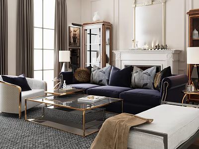 Elegant Modern Living Room Interior With Navy Sofa Glass Coffee Table Fireplace And Decorative Mirror 3d model