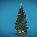 Green Christmas Tree With Star On Top And Colorful Gifts Around Blue Background