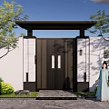 Modern Building Exterior Wall With Dark Door Greenery And Eave Design 3d model