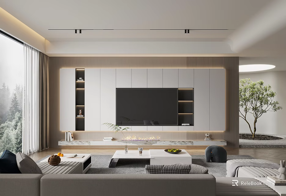 Modern Living Room With Large TV Storage And Sofa 3d model