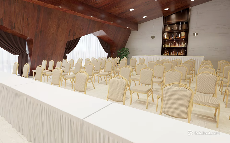 Spacious Conference Room With White Tablecloths Beige Chairs And Wooden Walls 3d model 