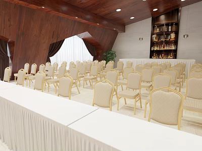 Spacious Conference Room With White Tablecloths Beige Chairs And Wooden Walls 3d model