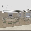 Spacious Modern Restaurant Interior With Wooden Tables Green Chairs Windows And Ceiling Lights