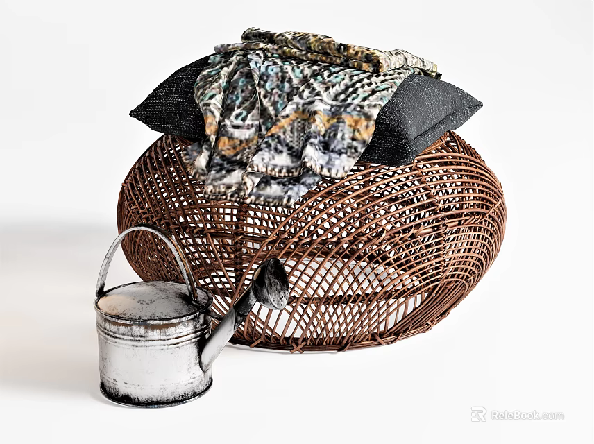Woven Rattan Coffee Table With Decorative Blanket Gray Pillows And Vintage Watering Can 3d model 