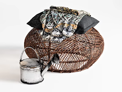 Woven Rattan Coffee Table With Decorative Blanket Gray Pillows And Vintage Watering Can 3d model