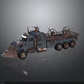 Blue Custom Truck With Mechanical Parts Front Plow And Multiple Wheels