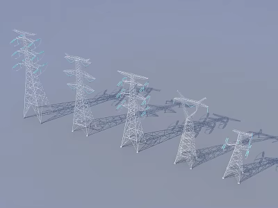 High Voltage Electricity Pylons With Steel Structure And Transmission Lines 3d model
