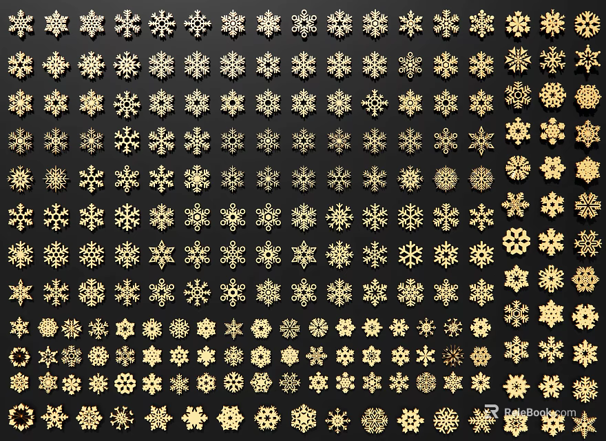 Intricate Decorative Gold Snowflake Design Patterns Uniformly Arranged on Black Background 3d model 