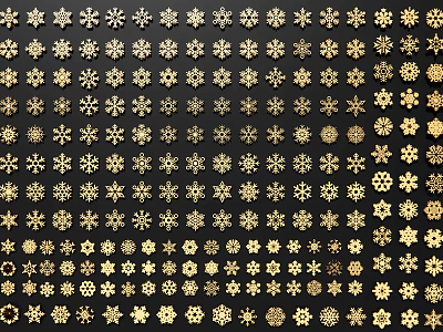 Intricate Decorative Gold Snowflake Design Patterns Uniformly Arranged on Black Background 3d model