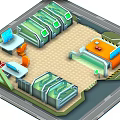 Cartoon Futuristic Control Room Scene with Green Transparent Panels Orange Chairs Red Devices And Console