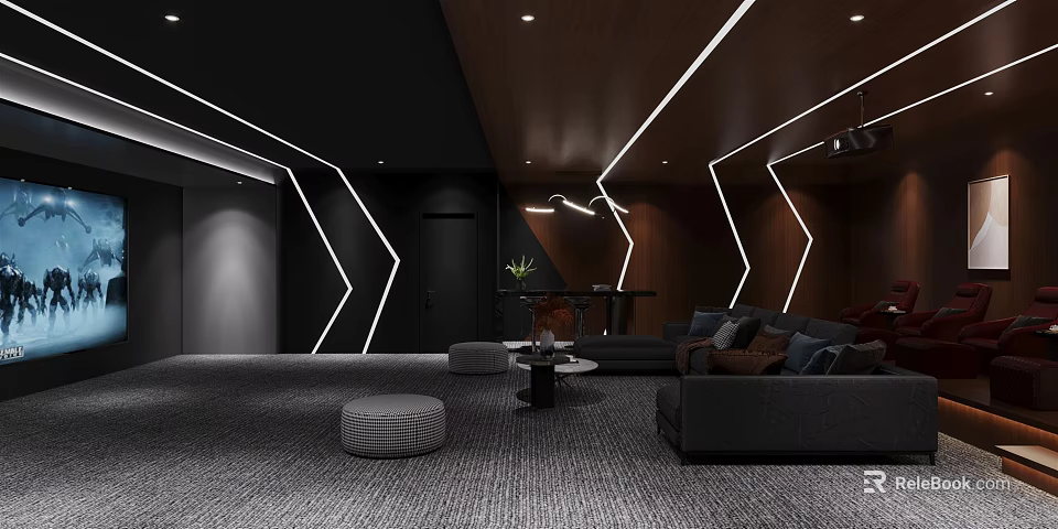 Modern Home Theater Interior With Dark Walls Linear Lights Comfortable Sofa And Soft Carpet 3d model