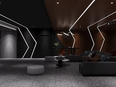 Modern Home Theater Interior With Dark Walls Linear Lights Comfortable Sofa And Soft Carpet 3d model