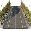 Neatly Arranged Road Facilities With Street Lamps Trees And Trash Bins Along Brick Pavement