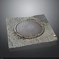 Patterned Manhole Cover on Gray Pavement with Fallen Leaves and Weeds